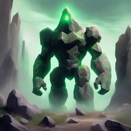 A towering rock golem standing in a rugged landscape