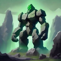 A towering rock golem standing in a rugged landscape