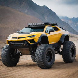 A Lamborghini car modified into an off-road vehicle, complete with large rugged tires, protective frames and adaptive suspension for rough terrain.