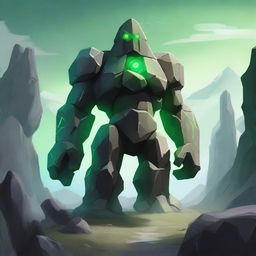 A majestic rock golem standing in a rugged landscape