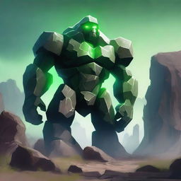 A majestic rock golem standing in a rugged landscape