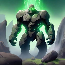 A majestic rock golem standing in a rugged landscape