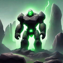 A majestic rock golem standing in a rugged landscape