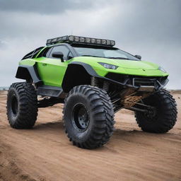 A Lamborghini car modified into an off-road vehicle, complete with large rugged tires, protective frames and adaptive suspension for rough terrain.