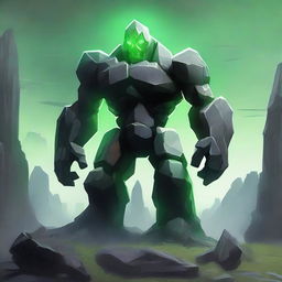 A majestic rock golem standing in a rugged landscape