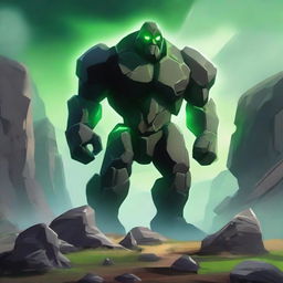 A majestic rock golem standing in a rugged landscape