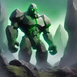 A majestic rock golem standing in a rugged landscape