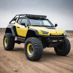 A Lamborghini car modified into an off-road vehicle, complete with large rugged tires, protective frames and adaptive suspension for rough terrain.