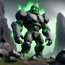 A majestic rock golem standing in a rugged landscape, with varying shades of grey tones