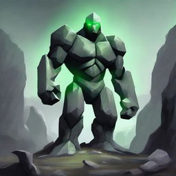 A majestic rock golem standing in a rugged landscape, with varying shades of grey tones