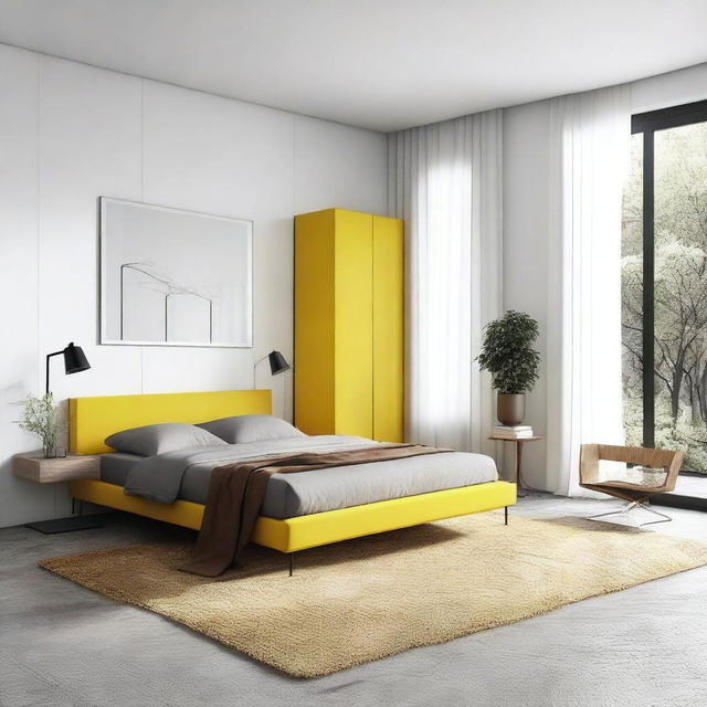 Create a concept room with white spaces, featuring a yellow bed and brown furniture