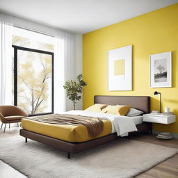 Create a concept room with white spaces, featuring a yellow bed and brown furniture