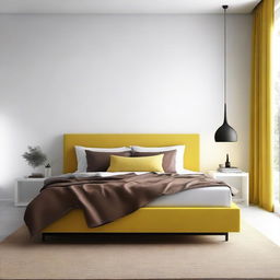 Create a concept room with white spaces, featuring a yellow bed and brown furniture