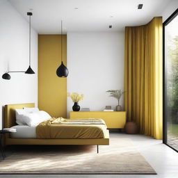 Create a concept room with white spaces, featuring a yellow bed and brown furniture