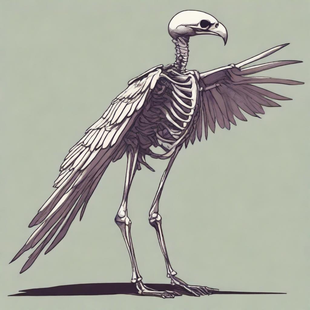 A detailed full-body illustration of a humanoid Aarakocra skeleton