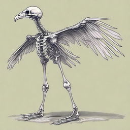 A detailed full-body illustration of a humanoid Aarakocra skeleton