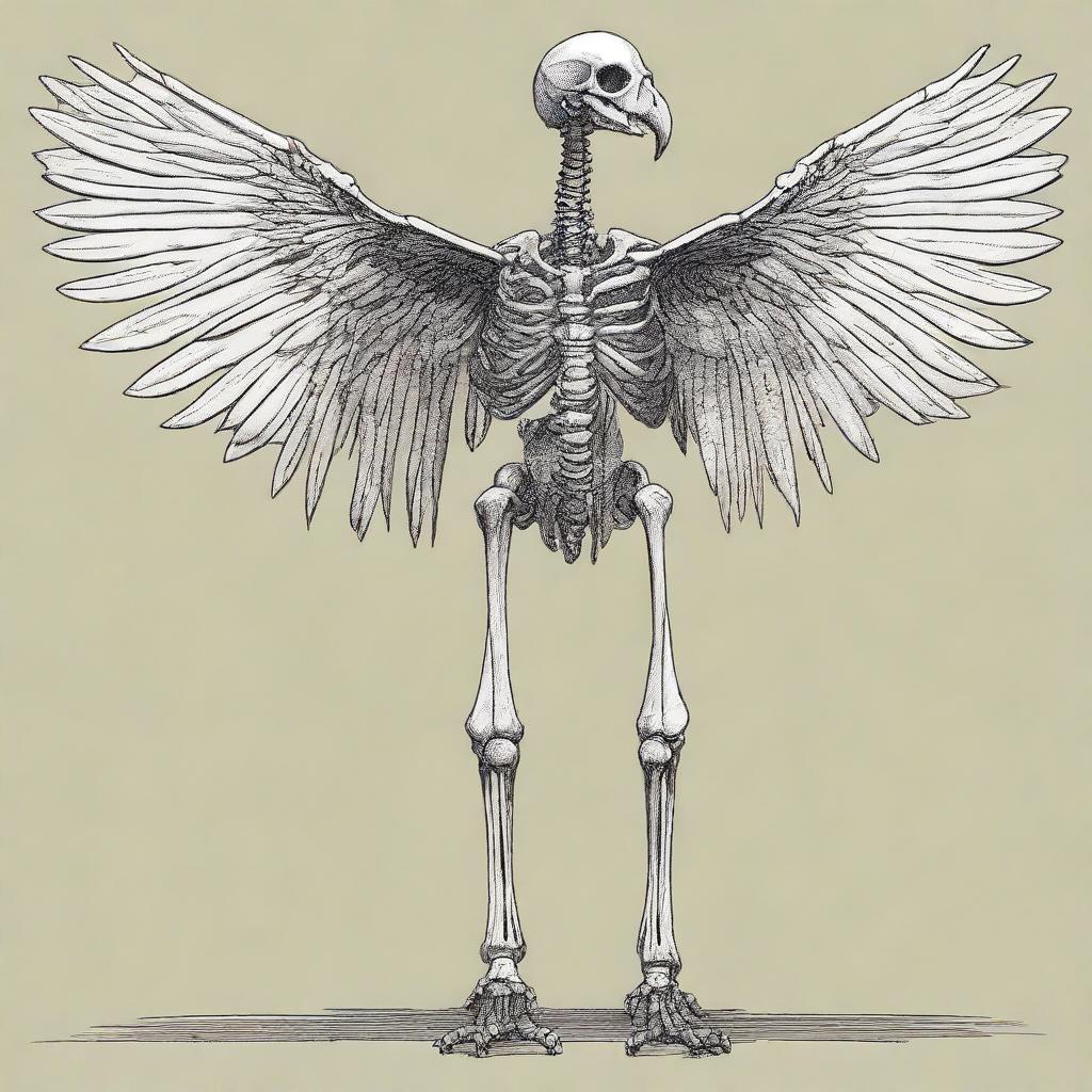 A detailed full-body illustration of a humanoid Aarakocra skeleton