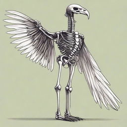 A detailed full-body illustration of a humanoid Aarakocra skeleton