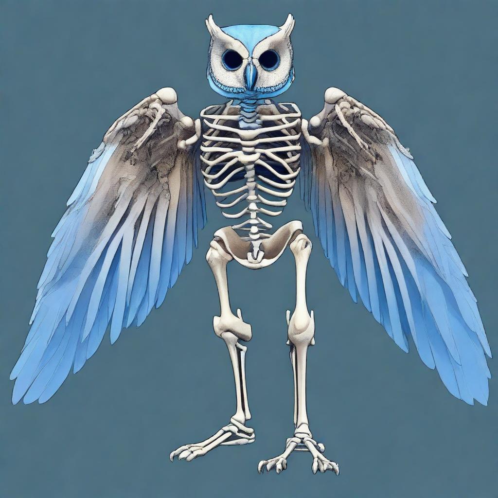 A detailed full-body illustration of a humanoid owl skeleton