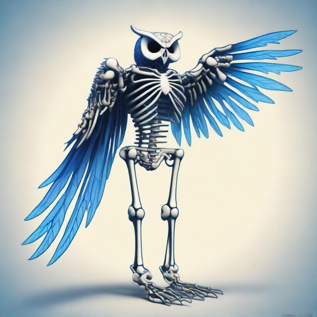 A detailed full-body illustration of a humanoid owl skeleton