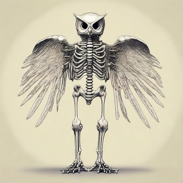 A detailed full-body illustration of a humanoid owl skeleton