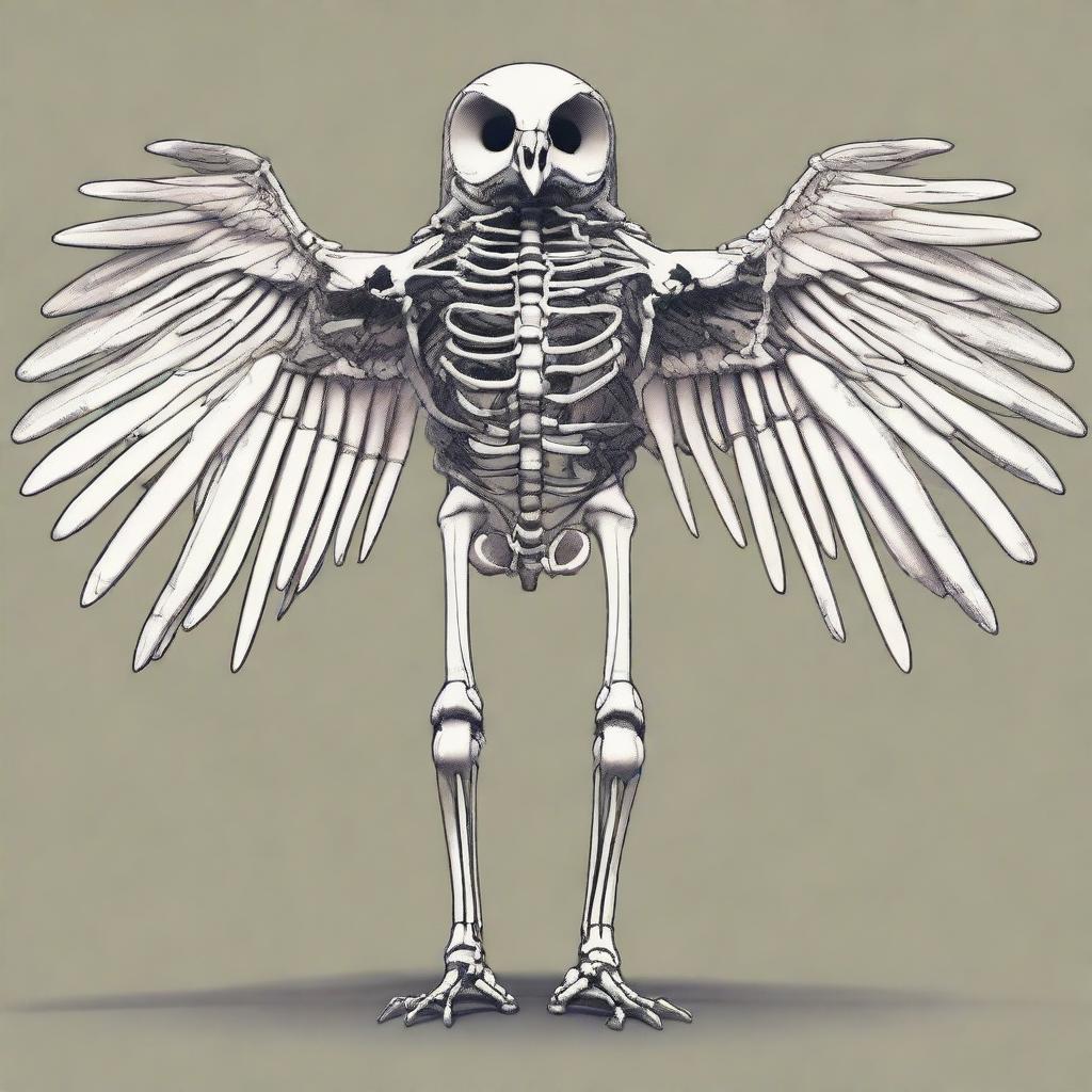 A detailed full-body illustration of a humanoid owl skeleton