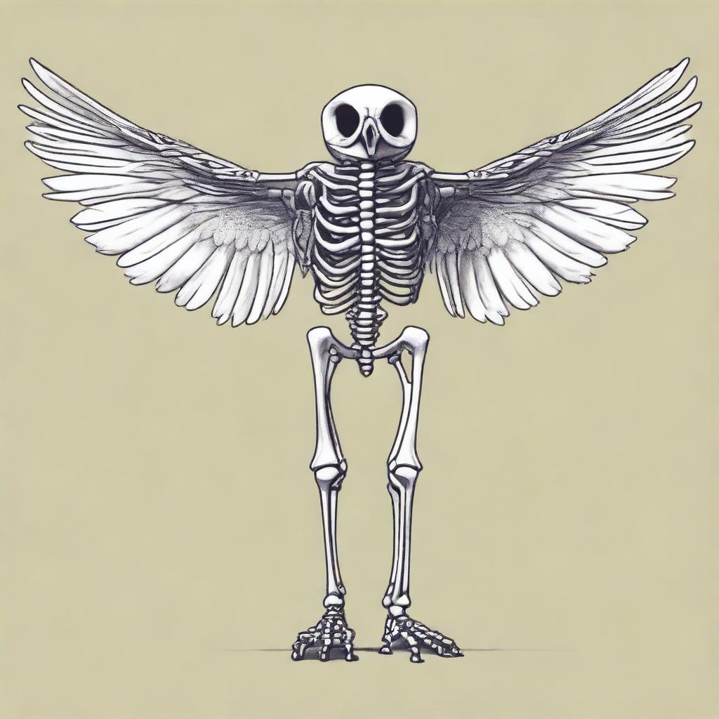 A detailed full-body illustration of a humanoid owl skeleton