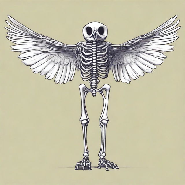 A detailed full-body illustration of a humanoid owl skeleton