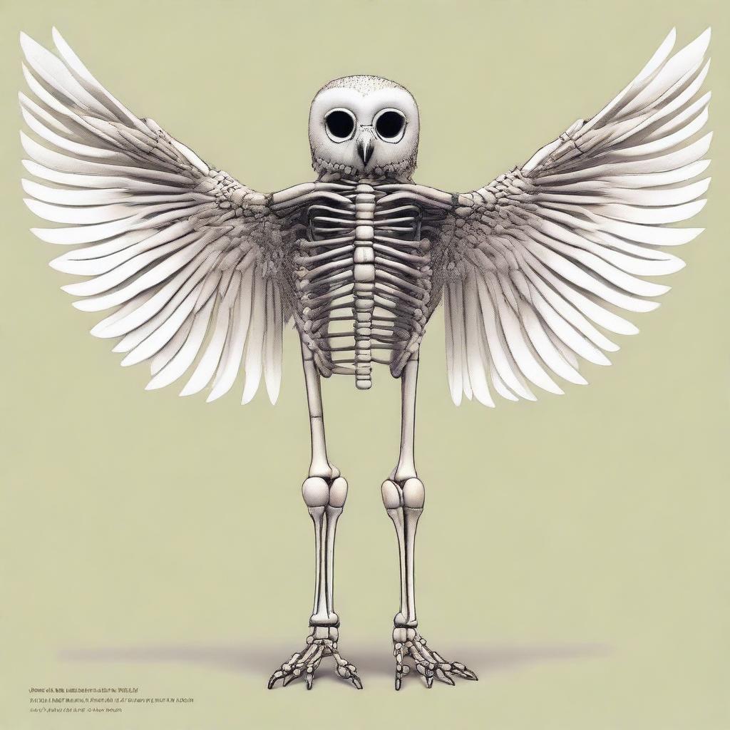 A detailed full-body illustration of a humanoid owl skeleton