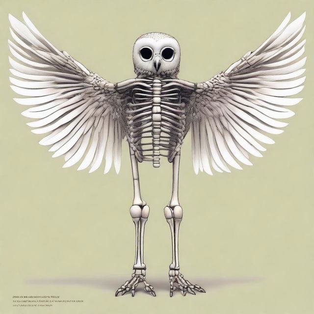 A detailed full-body illustration of a humanoid owl skeleton
