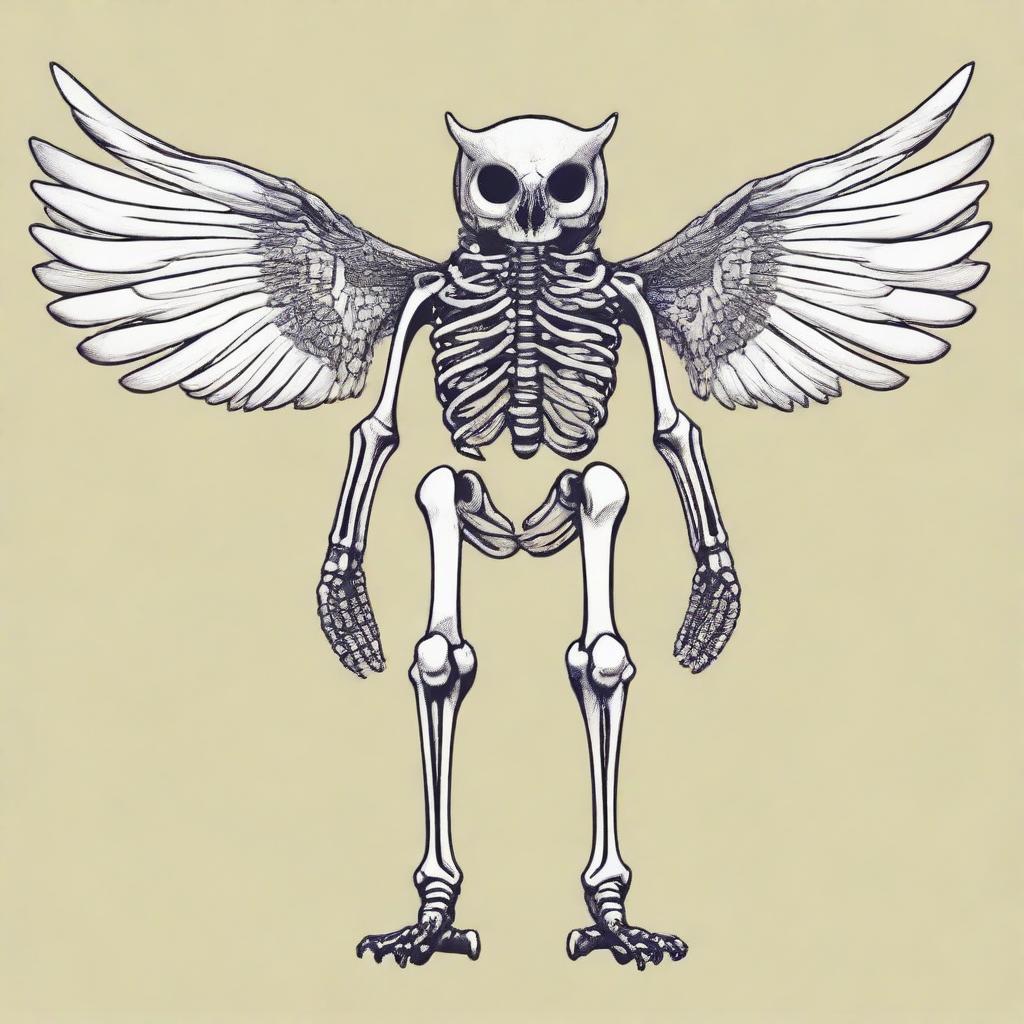 A detailed full-body illustration of a humanoid owl skeleton