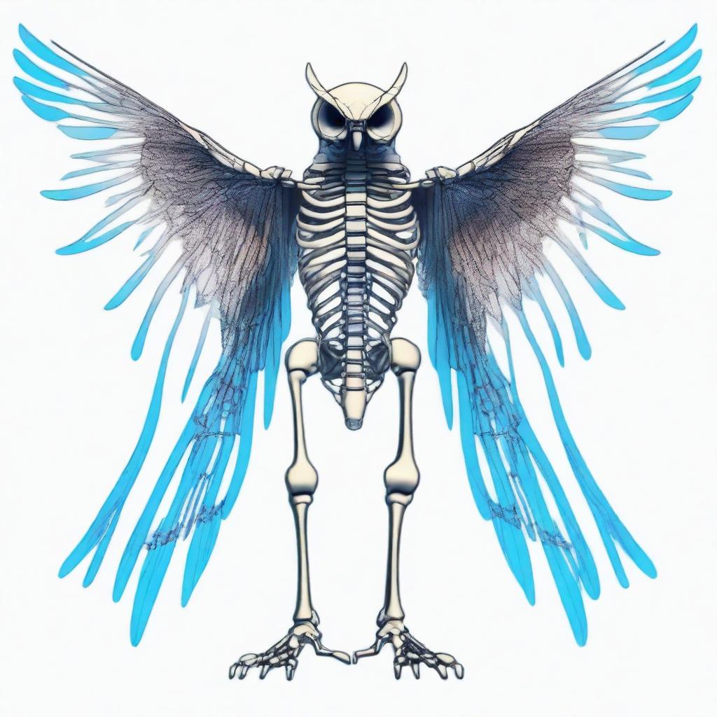 A detailed full-body illustration of a humanoid owl skeleton