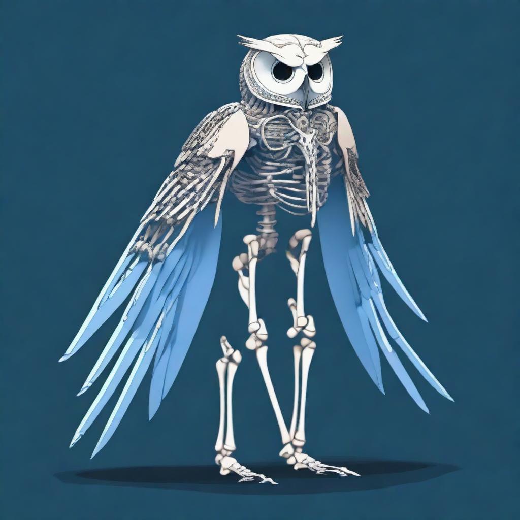 A detailed full-body illustration of a humanoid owl skeleton