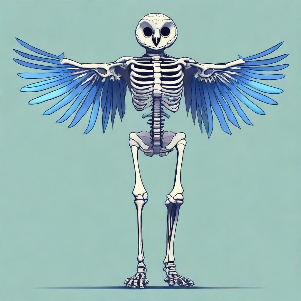 A detailed full-body illustration of a humanoid owl skeleton