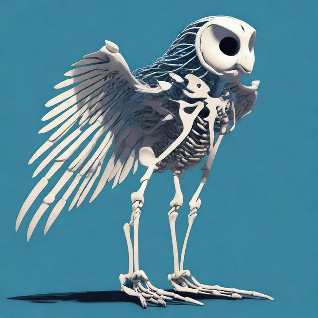 A detailed full-body illustration of a humanoid owl skeleton