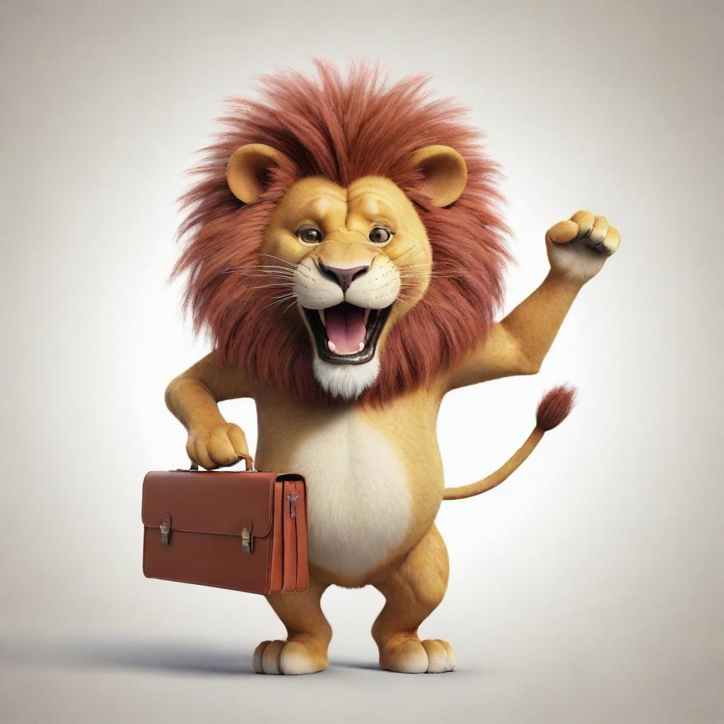 A whimsical, cartoon image of a cheerful lion, with a bright, comically oversized briefcase impeccably balanced on its head.