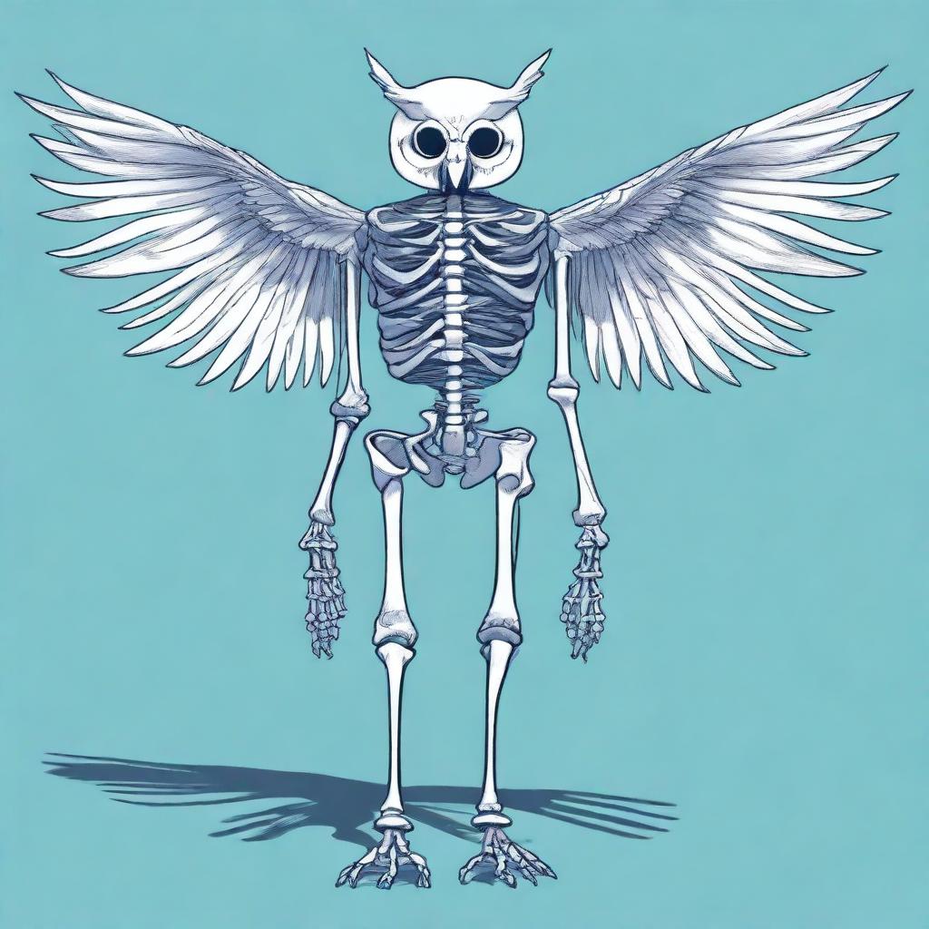 A detailed full-body illustration of a humanoid owl skeleton