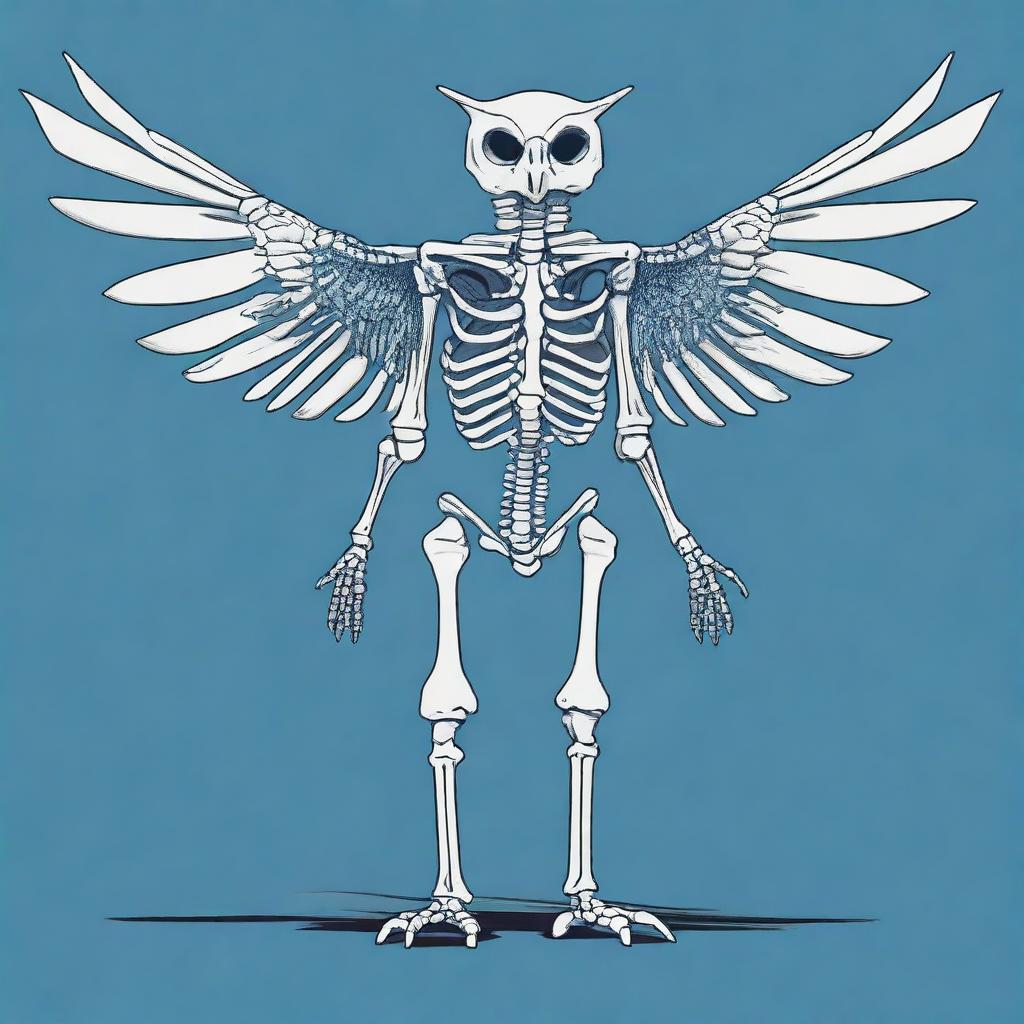 A detailed full-body illustration of a humanoid owl skeleton