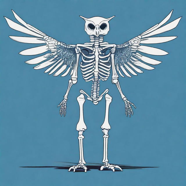 A detailed full-body illustration of a humanoid owl skeleton