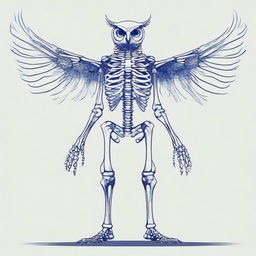 A detailed full-body illustration of a humanoid owl skeleton