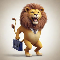 A whimsical, cartoon image of a cheerful lion, with a bright, comically oversized briefcase impeccably balanced on its head.