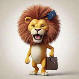 A whimsical, cartoon image of a cheerful lion, with a bright, comically oversized briefcase impeccably balanced on its head.