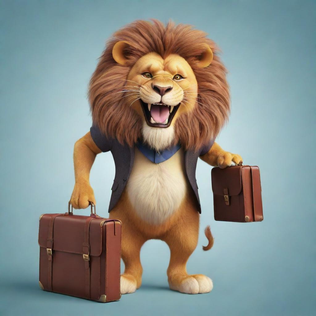 A whimsical, cartoon image of a cheerful lion, with a bright, comically oversized briefcase impeccably balanced on its head.