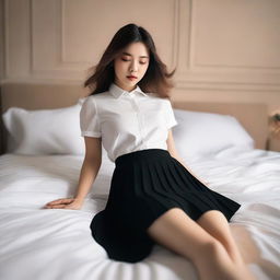 An image of a woman lying on a bed wearing a pleated mini skirt