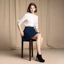 An image of a woman wearing a very short pleated mini skirt, sitting on a chair