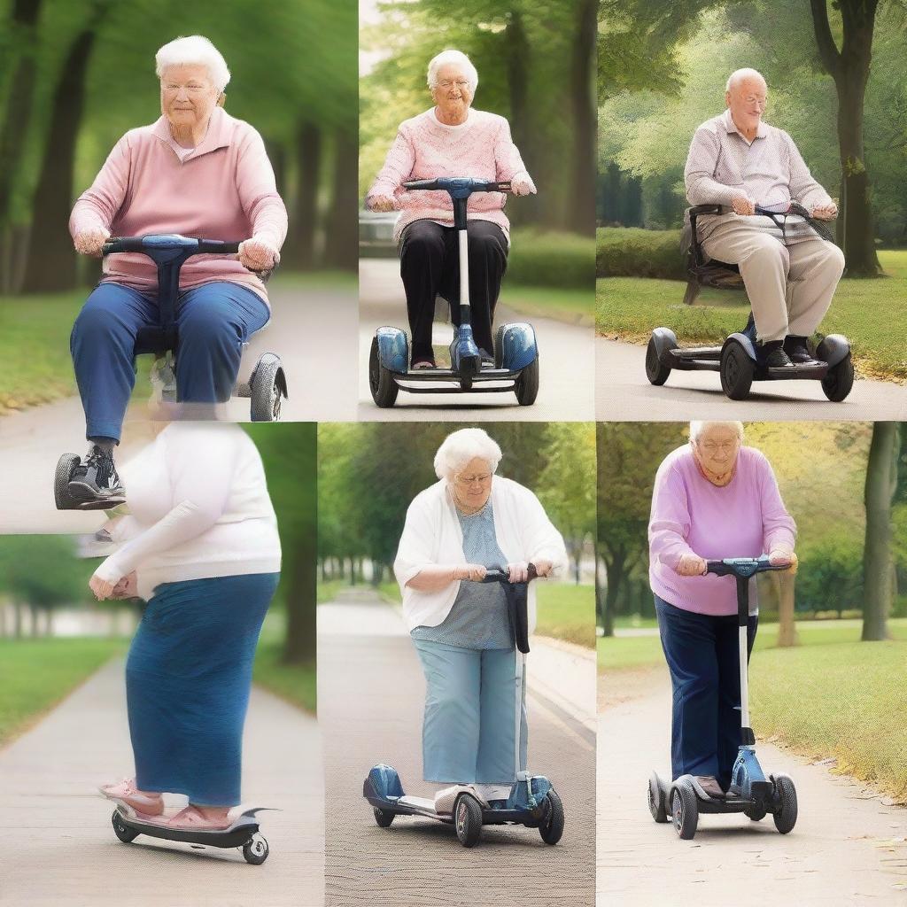 A series of images depicting elderly individuals who require mobility scooters due to weak legs