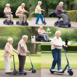 A series of images depicting elderly individuals who require mobility scooters due to weak legs