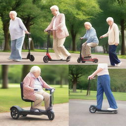 A series of images depicting elderly individuals who require mobility scooters due to weak legs