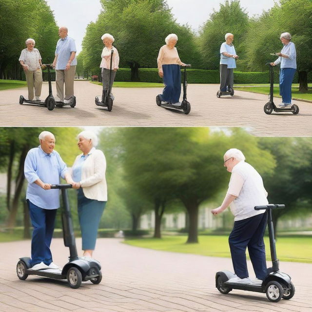 A series of images depicting elderly individuals who require mobility scooters due to weak legs