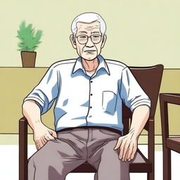 An elderly person with white hair, sitting on a chair due to difficulty in moving